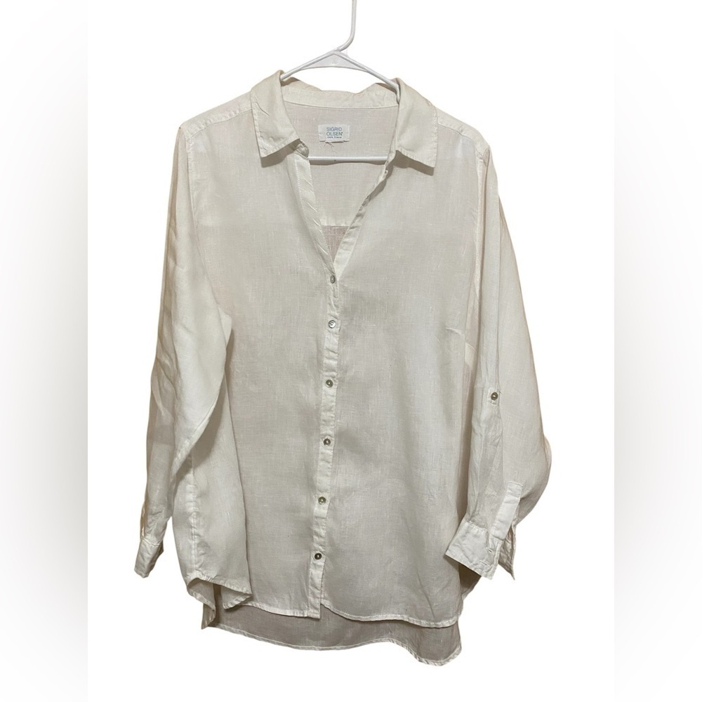 Sigrid Olsen 100% Linen White Long Sleeve Button Front Shirt Top, Plus Size 1X.